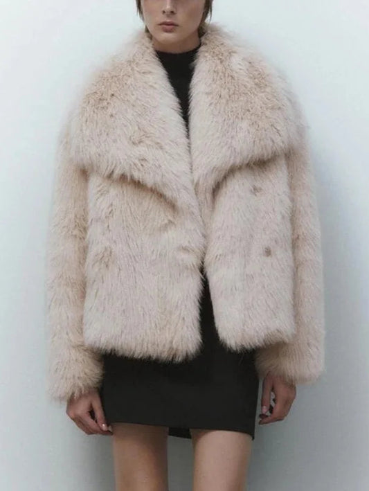 Large Lapel Covered Buttons Warm Fluffy Faux Fur Short Coat