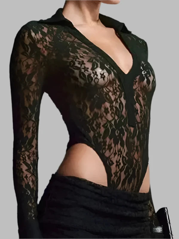 V-Neck Long Sleeve Black Lace Sheer Bodysuit