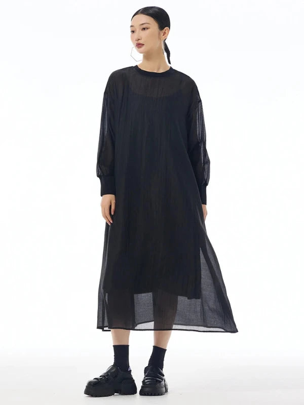 Reversible Buttons Shirt Sleeve Mesh Sheer Maxi Dress