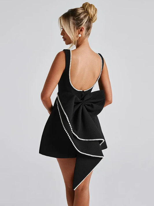 Pearl Bow Backless High Waist A-Line Mini Cocktail Dress