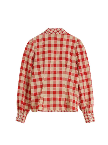 V-Neck Large Bow Long Sleeve Plaid Blouse Top