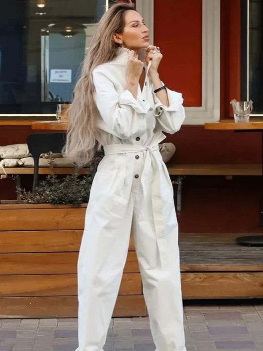 Casual Lace-Up Belt Long Sleeve White Cargo Jumpsuit