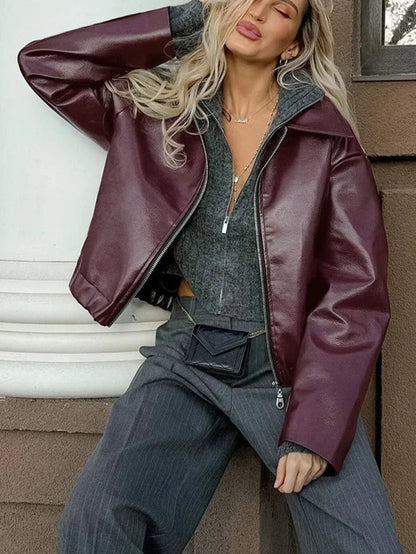 Wine Red Short Zipper Faux Leather Jacket