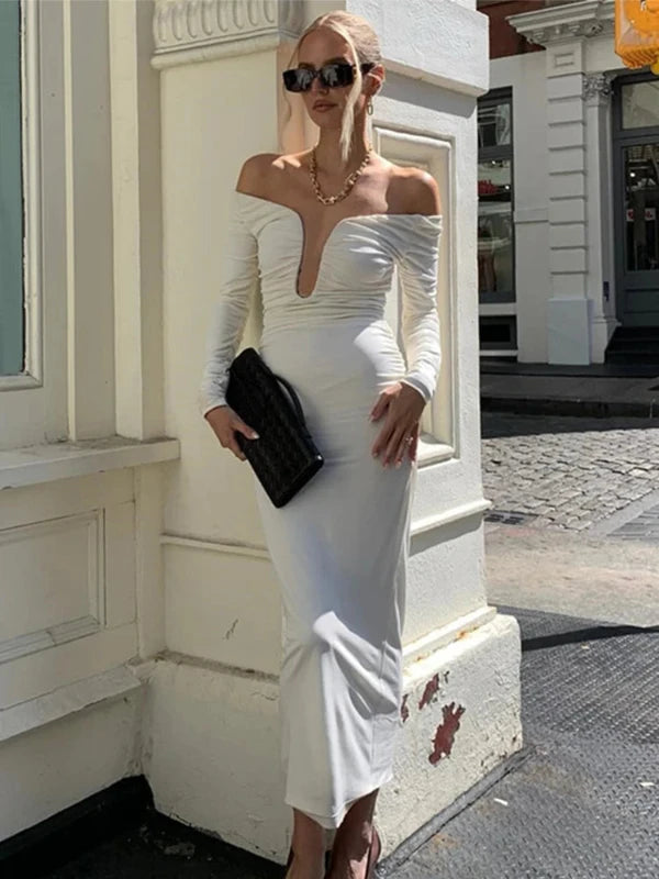 Off Shoulder Low Cut Long Sleeve Midi White Dress