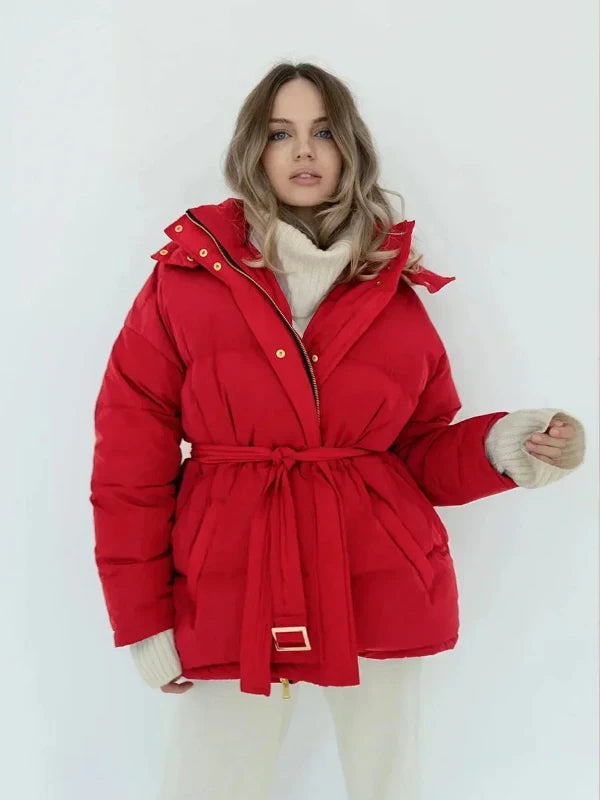 Thick Warm Zipper Puff Cotton Coat with Belt