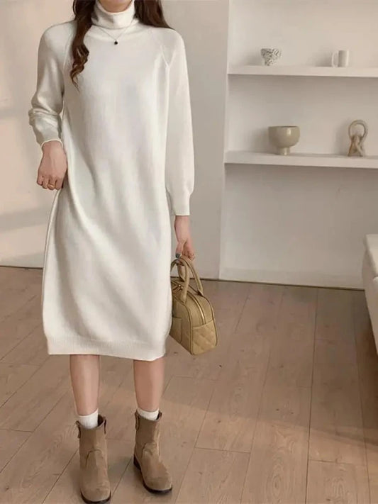 Turtleneck Long Sleeve Midi Knitted Sweater Dress