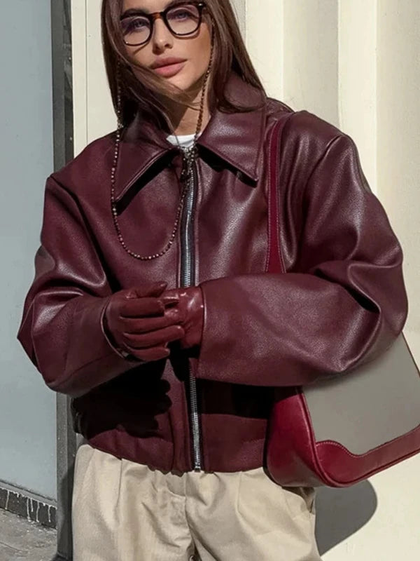 Wine Red Short Zipper Faux Leather Jacket