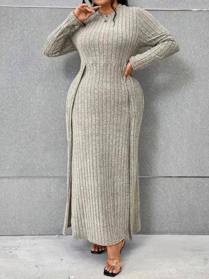 Long Sleeve Ribbed Knit Side Split Plus Size Bodycon Dress