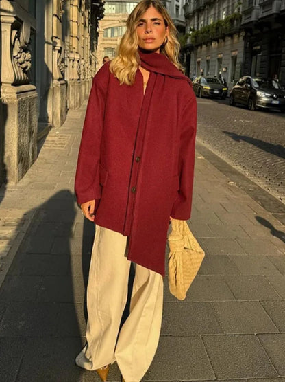 Burgundy Scarf Collar Button Wool Blend Oversized Coat