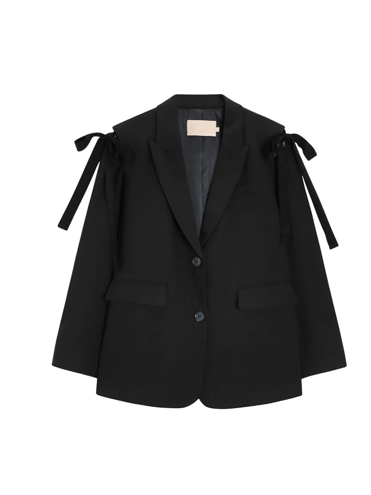 French Bow Notched Collar Two Button Black Blazer