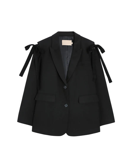 French Bow Notched Collar Two Button Black Blazer