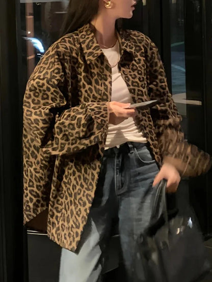 Lapel Collar Lightweight Oversized Leopard Print Jacket