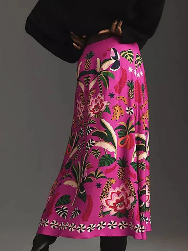 High Waist Tropical Floral Pattern Side Zipper Maxi Skirt