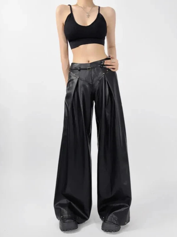 Retro Rivet Faux Leather Wide-Leg Trousers With Belt