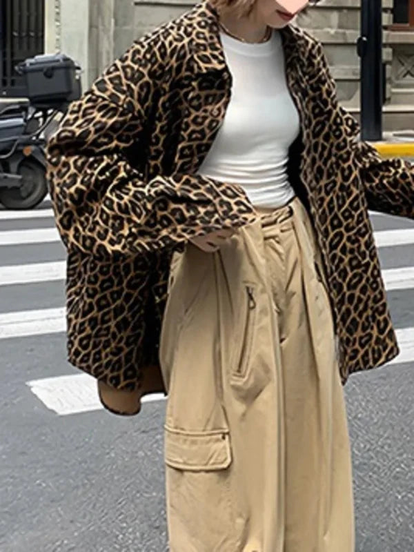 Lapel Collar Lightweight Oversized Leopard Print Jacket