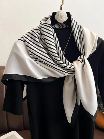 Elegant Extra Large Striped Square Twill Silk Scarf