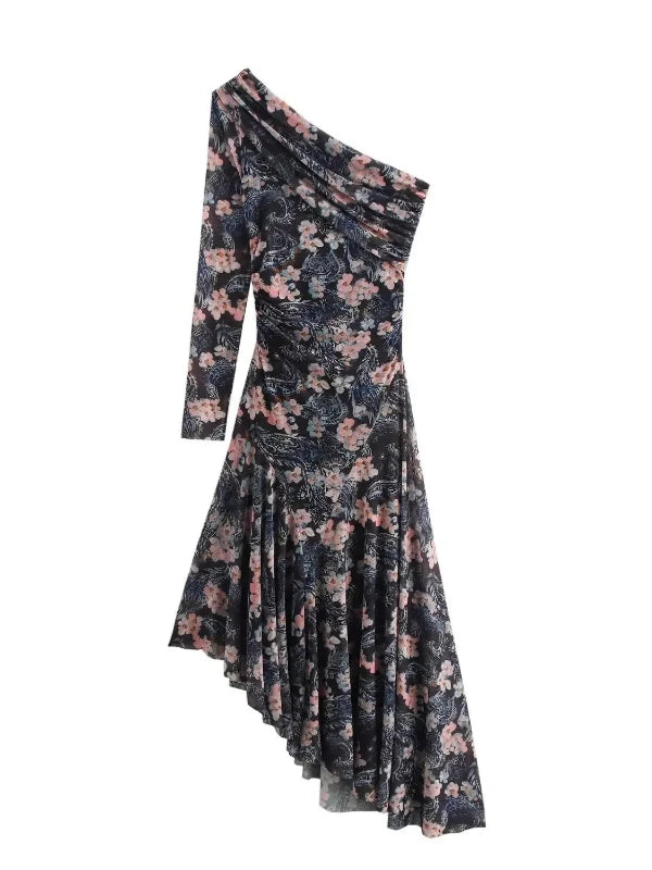 Single Sleeve Asymmetric Long Pleated Floral Dress