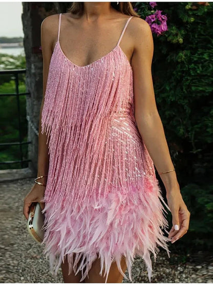 Spaghetti Strap Sequin Tassel Feather Evening Party Dress