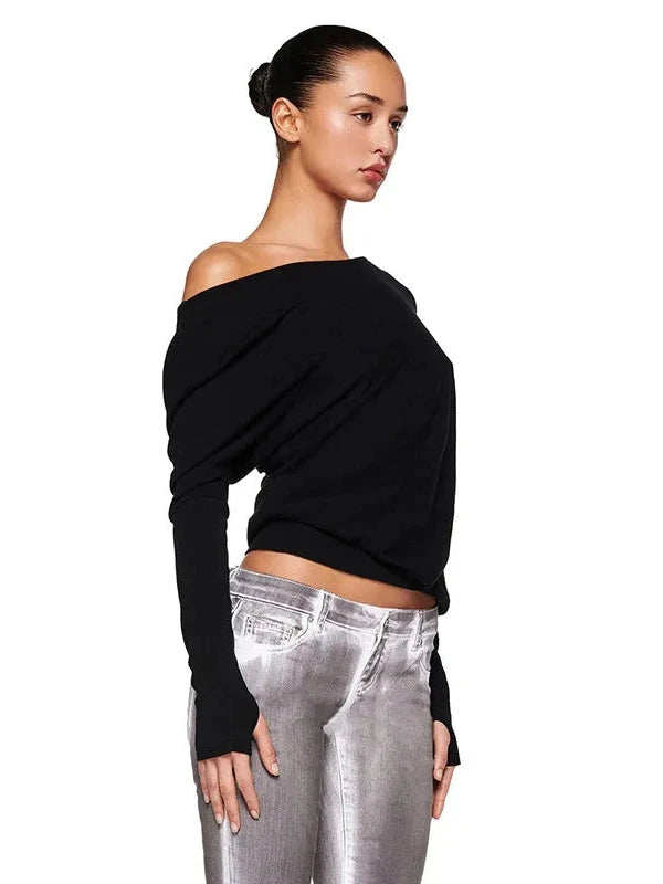 Skew Collar Thumb Sleeve Elastic Waist Long Sleeve Top