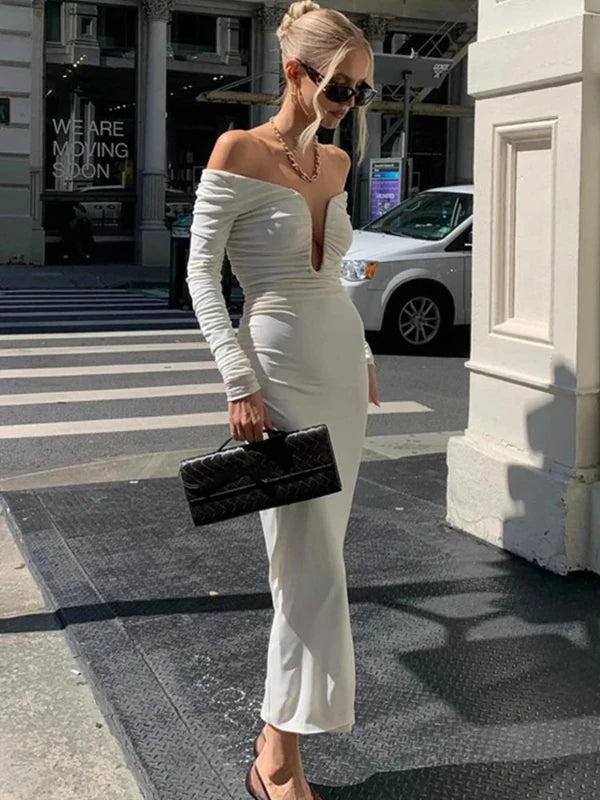 Off Shoulder Low Cut Long Sleeve Midi White Dress