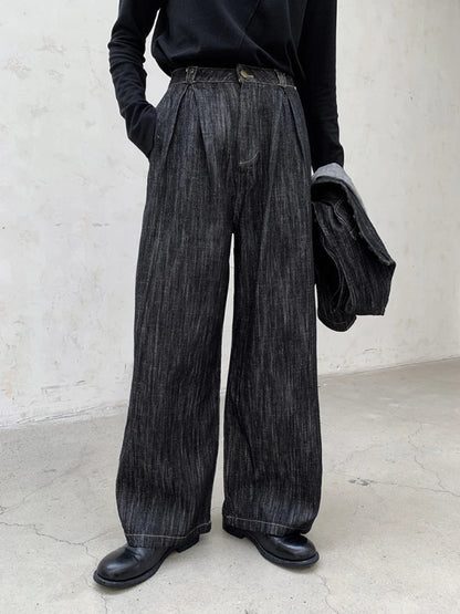 Black Denim Pockets High Waist Wide Leg Pants