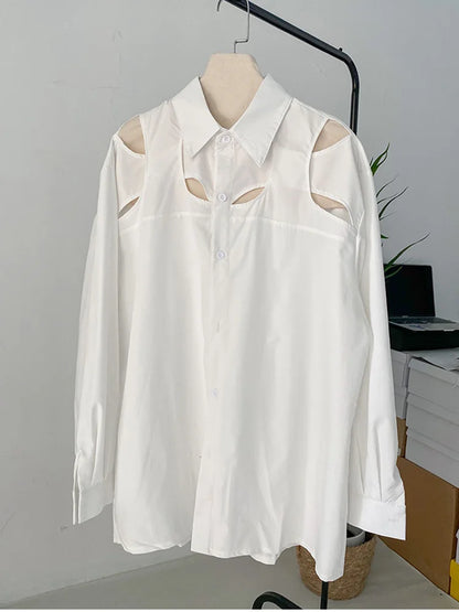 Lapel Long Sleeve Cut Out Fashion White Shirt