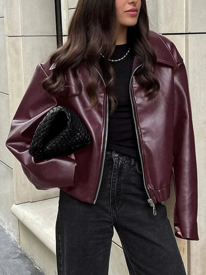 Wine Red Short Zipper Faux Leather Jacket