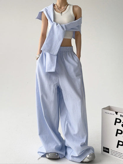 Elastic Waist Removable Wrap Blue Striped Wide-Leg Pants