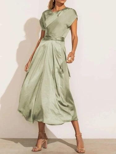 Satin Short Sleeve Lace Up Wrap Maxi Dress - SHExFAB