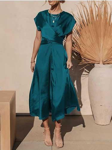 Satin Short Sleeve Lace Up Wrap Maxi Dress - SHExFAB