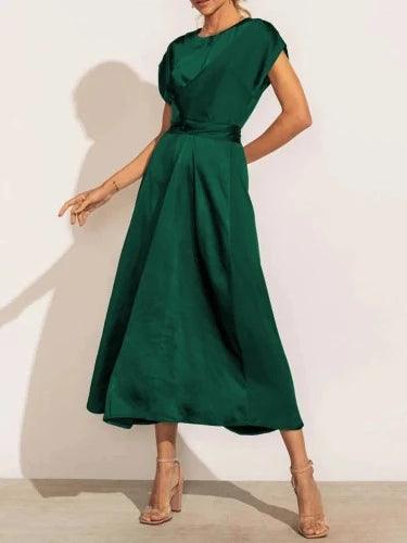 Satin Short Sleeve Lace Up Wrap Maxi Dress - SHExFAB