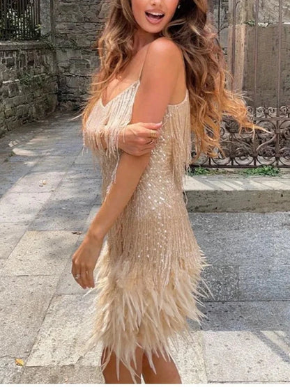 Spaghetti Strap Sequin Tassel Feather Evening Party Dress