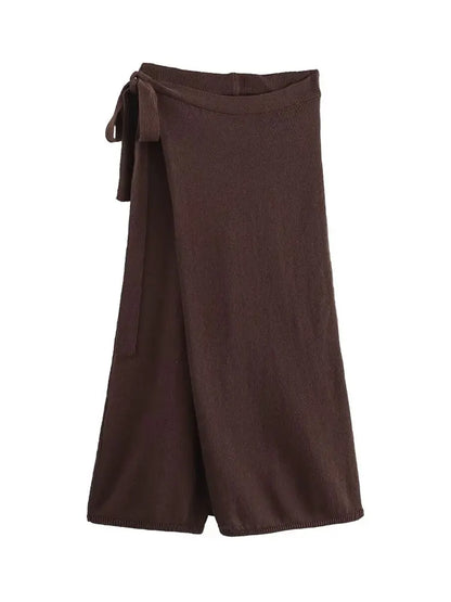 Brown Side Tie-Up Long Wide-Leg Knit Skirt Pants