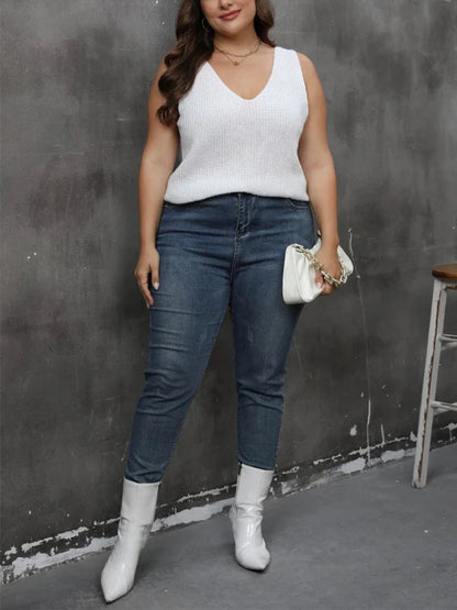 V-Neck Twisted Back White Plus Size Knitted Tank Top