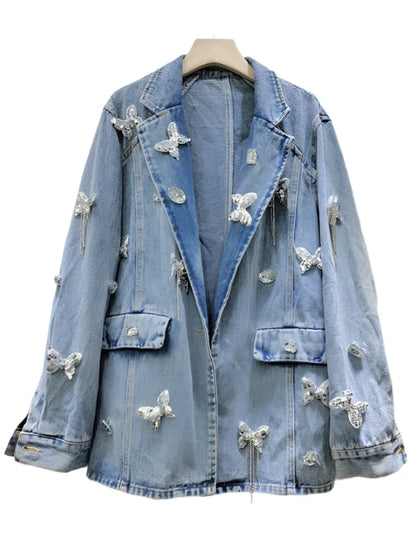 Notched Collar Rhinestone Butterfly Oversized Denim Jacket