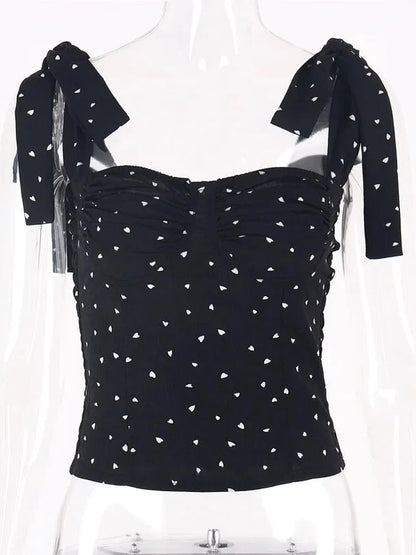 Lace Up Bow Sleeve Sweetheart Print Black Corset Top