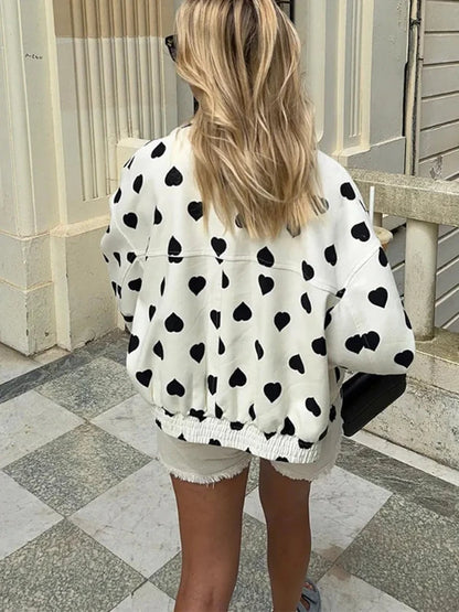 Black Heart Pattern White Short Zipper Bomber Jacket