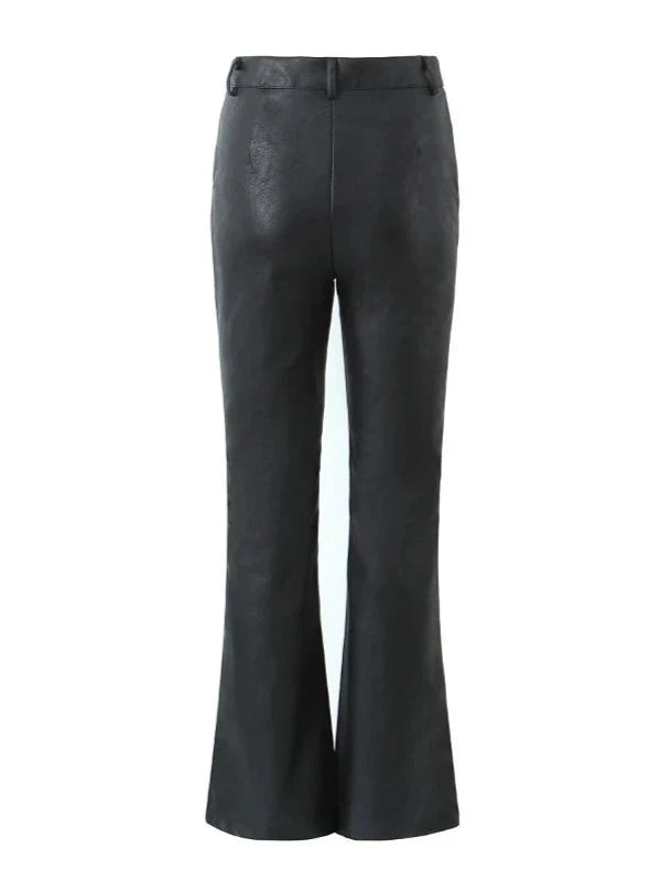 Mid Waist Distressed PU Leather Flare Pants