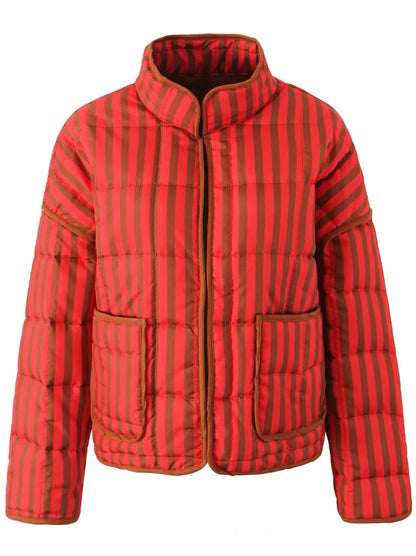 Orange Red Stand Collar Striped Print Quilted Coat with Pockets