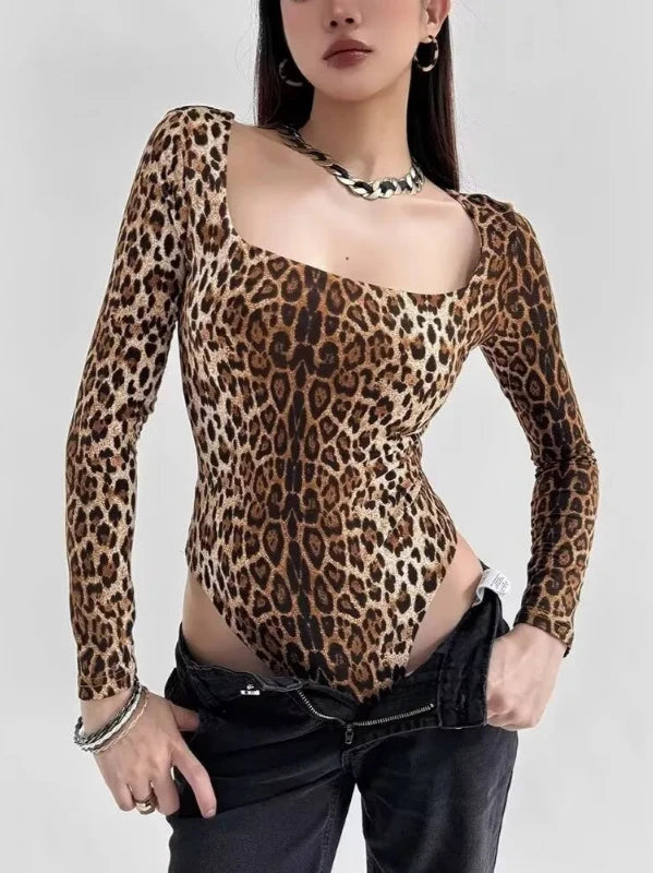 Square Collar Long Sleeve Leopard Print Bodysuit