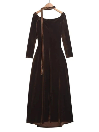 Off Shoulder Empire Waist Maxi Velvet Dress with Scarf