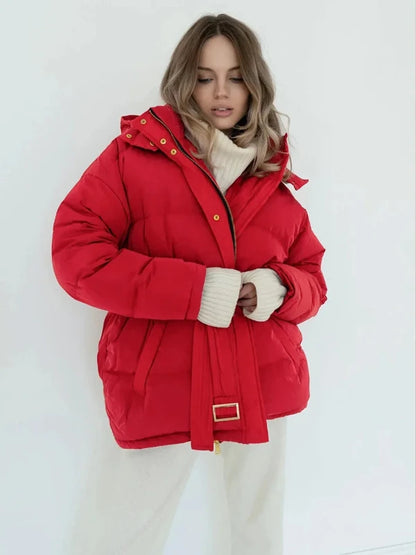 Thick Warm Zipper Puff Cotton Coat with Belt