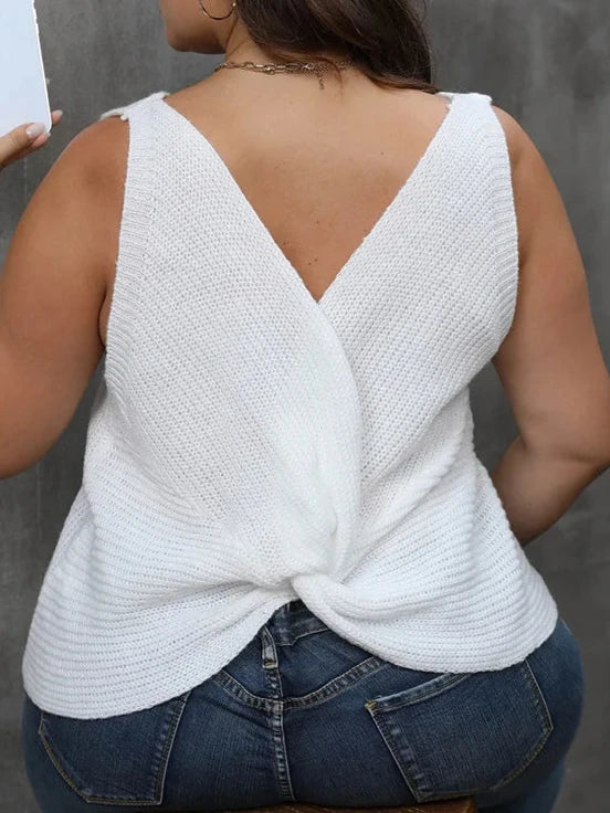 V-Neck Twisted Back White Plus Size Knitted Tank Top