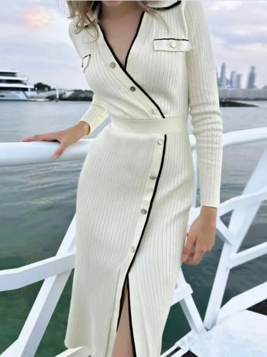 Lapel Long Sleeve Side Button Long Knitted Dress