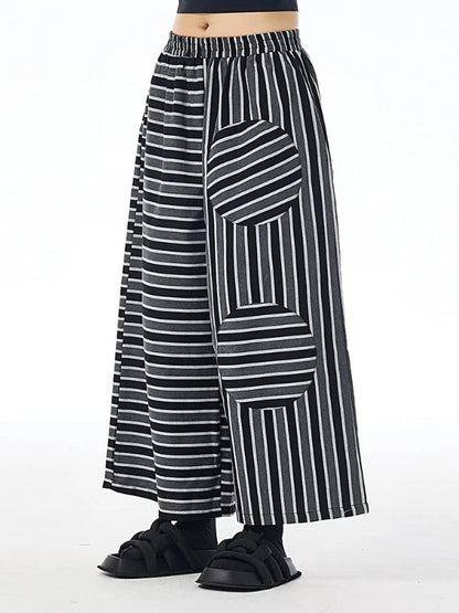 Elastic Waist Black Striped Long Wide Leg Pants