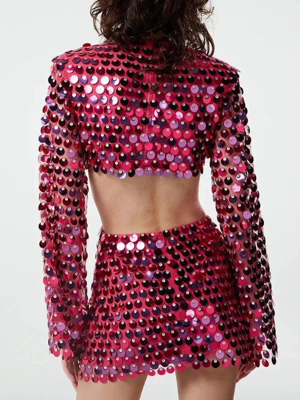 Flare Sleeve Cut Out O-Ring Mini Sparkle Sequin Dress