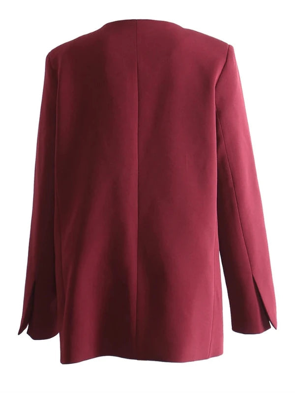 Wine Red Top Stitch Notched Collar Pullover Blazer