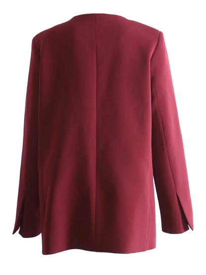 Wine Red Top Stitch Notched Collar Pullover Blazer