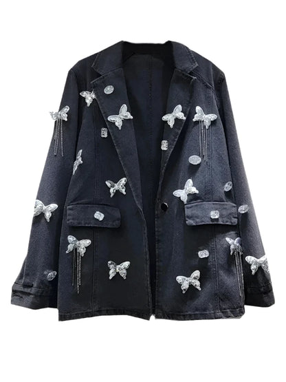 Notched Collar Rhinestone Butterfly Oversized Denim Jacket