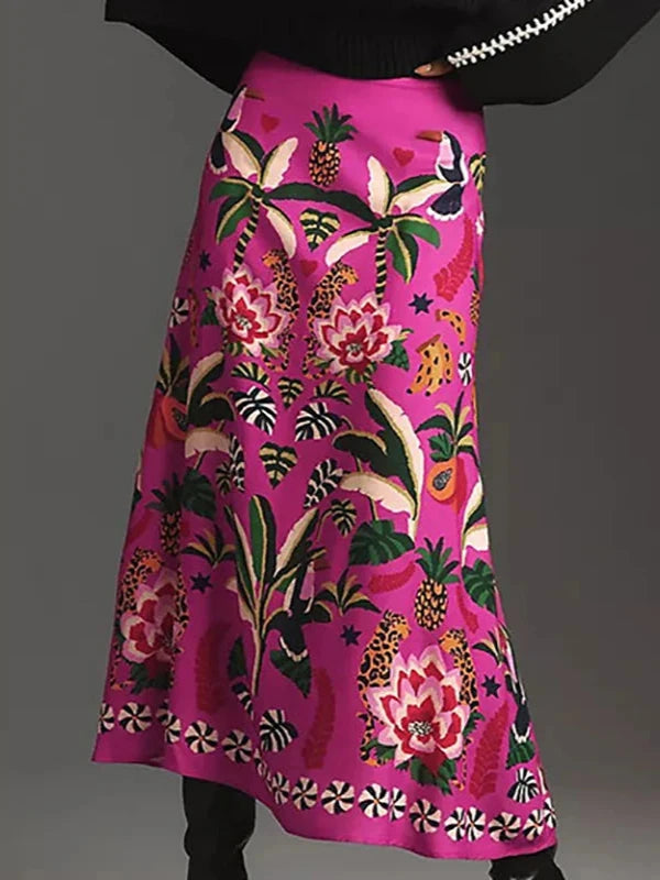 High Waist Tropical Floral Pattern Side Zipper Maxi Skirt